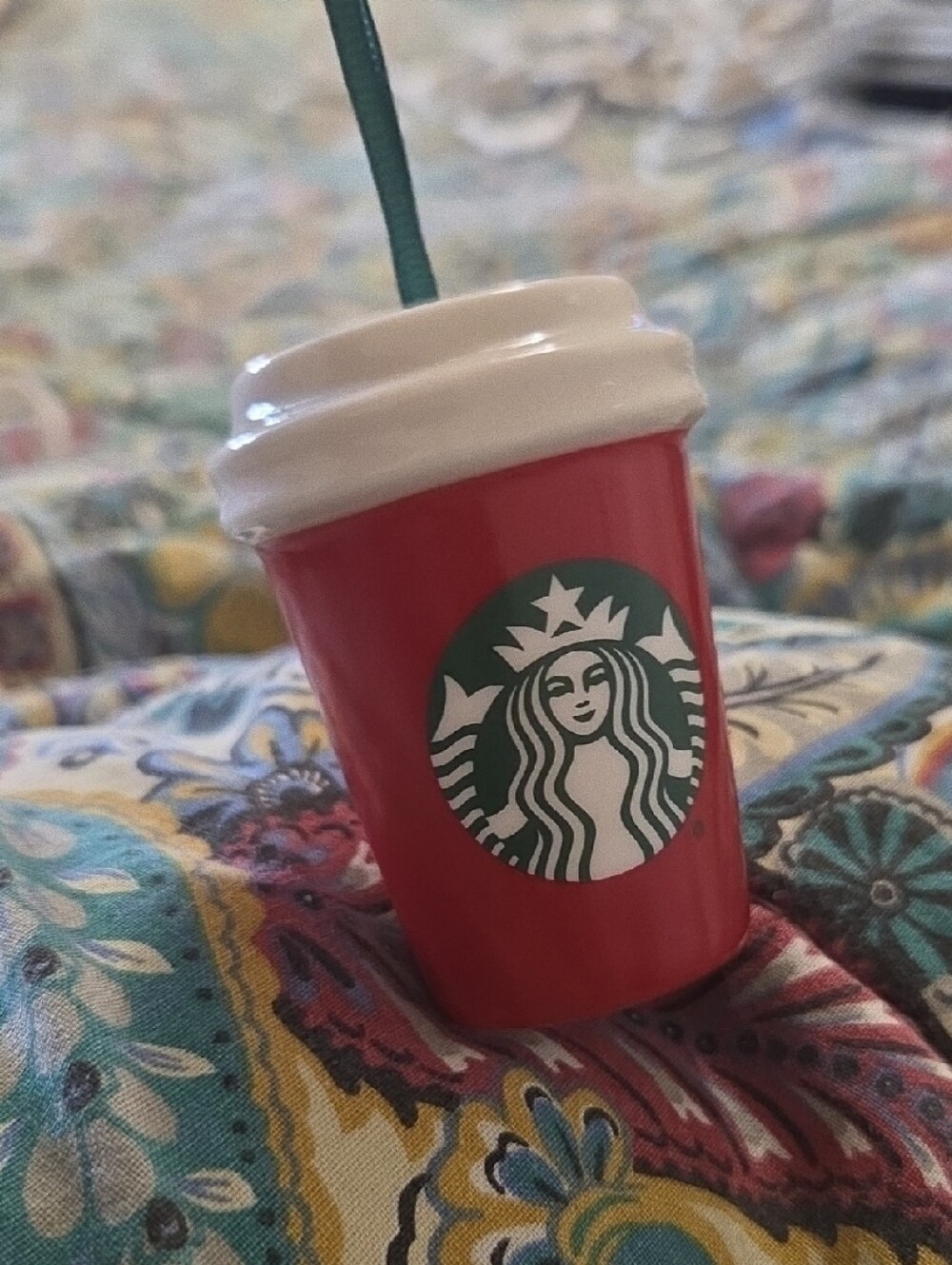 Starbucks Red Cup Ornament with Green Logo and White Lid